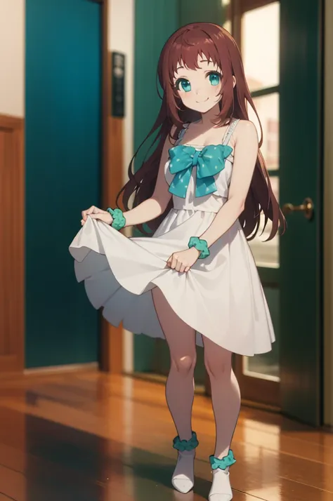 1girl,solo,white dress,smile,fullbody,
 aamanaka,brown_hair,long_hair,blue_eyes,scrunchie,