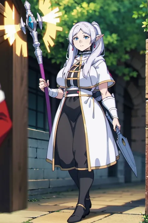 1girl,solo,elf,white hair,grey hair,earrings,pointy ears,long hair,ponytail,green eyes,twintails,parted bangs,thick eyebrows,,, holy magicalgirl, , holy haura, halo, smile, joyfull, paladin, sword holding, full body , boots, standing,cute,breast, curvy, fe...