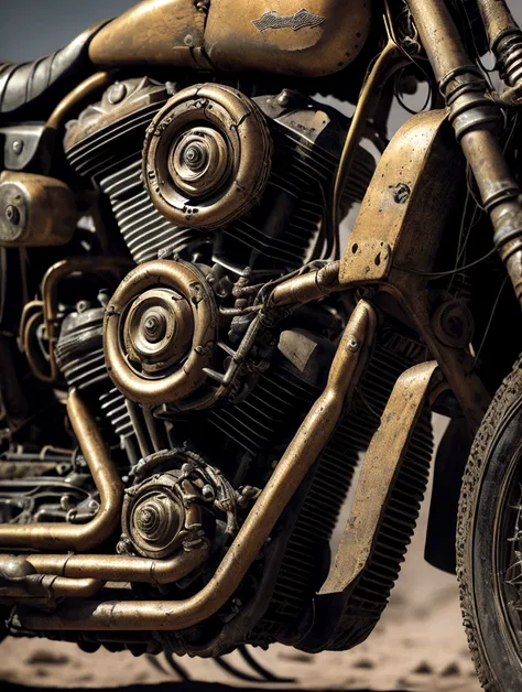 Harley-Davidson Garoto Gordo, golden color, retro, Mad Max, mechanical sensation, desert form, detailed mechanical parts, rusted metal textures, intricate gears and pipes, weathered leather, dusty environment, dramatic lighting, cinematic composition, high...