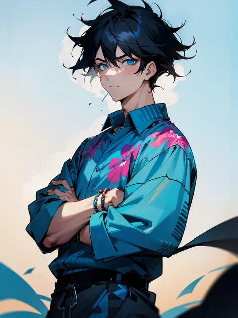 1male, black hair, messy hair, undercut hair, sky blue eyes, checkered hawaiian shirt, bracelets, black sweatpants serious expression