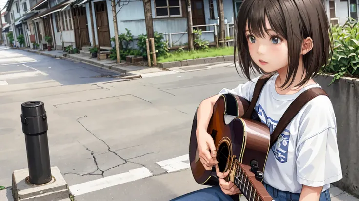 On the streets of a rural town in Southeast Asia、A woman standing and singing passionately while playing a brown acoustic guitar、Her hairstyle is a short light brown bob cut.、Wearing white short sleevesＴShirt and jeans、Bose in Motion