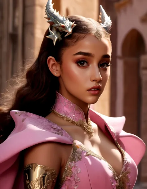 1 girl, Ariana Grande, 25 years old, beautiful detailed eyes, beautiful detailed lips, extremely detailed face and features, longeyelashes, princess dress, pink, dragons lair, scolding dragon, bopping dragons nose, messy lair, no bed, high fantasy, bones a...