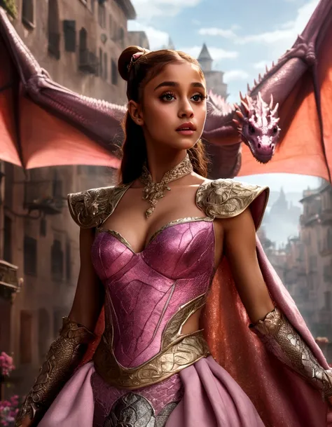 1 girl, Ariana Grande, 25 years old, beautiful detailed eyes, beautiful detailed lips, extremely detailed face and features, longeyelashes, princess dress, pink, dragons lair, scolding dragon, bopping dragons nose, messy lair, no bed, high fantasy, bones a...