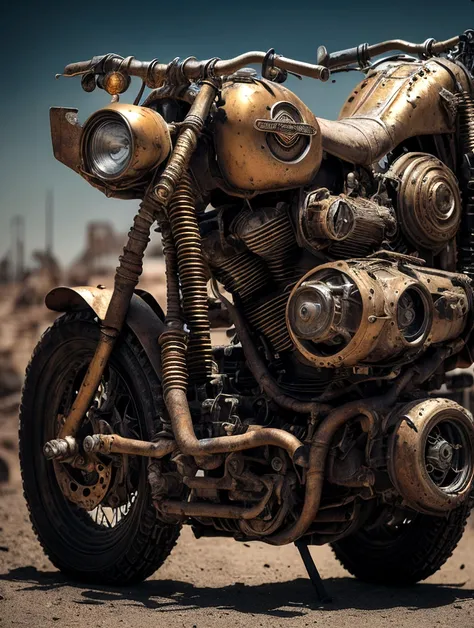 Harley-Davidson Garoto Gordo, golden color, retro, Mad Max, mechanical sensation, desert form, detailed mechanical parts, rusted metal textures, intricate gears and pipes, weathered leather, dusty environment, dramatic lighting, cinematic composition, high...