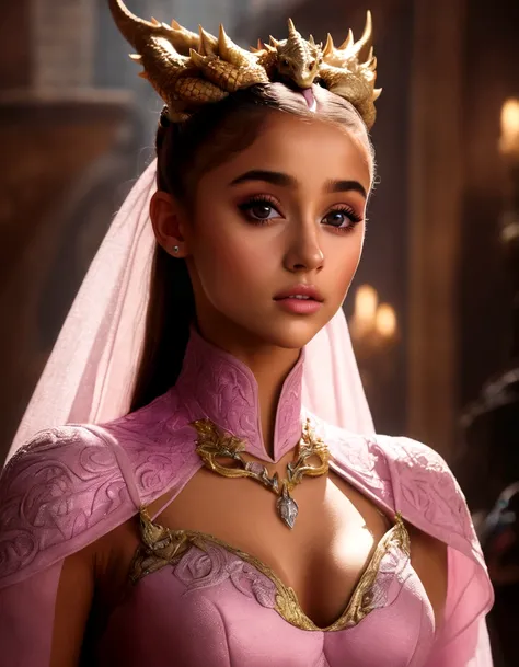 1 girl, Ariana Grande, 25 years old, beautiful detailed eyes, beautiful detailed lips, extremely detailed face and features, longeyelashes, princess dress, pink, dragons lair, scolding dragon, bopping dragons nose, messy lair, no bed, high fantasy, bones a...