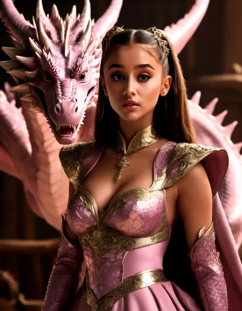 1 girl, Ariana Grande, 25 years old, beautiful detailed eyes, beautiful detailed lips, extremely detailed face and features, longeyelashes, princess dress, pink, dragons lair, scolding dragon, bopping dragons nose, messy lair, no bed, high fantasy, bones a...