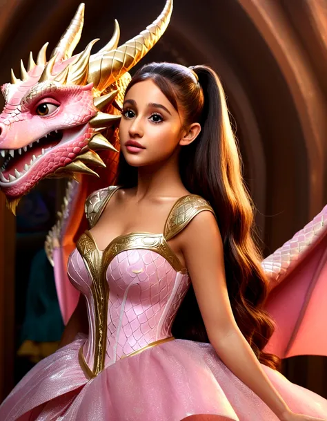 1 girl, Ariana Grande, 25 years old, beautiful detailed eyes, beautiful detailed lips, extremely detailed face and features, longeyelashes, princess dress, pink, dragons lair, scolding dragon, bopping dragons nose, messy lair, no bed, high fantasy, bones a...