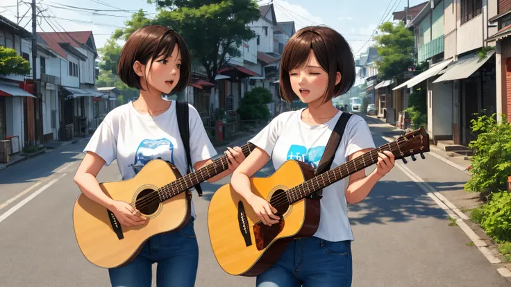 On the streets of a rural town in Southeast Asia、A woman standing and singing passionately while playing a brown acoustic guitar、Her hairstyle is a short light brown bob cut.、Wearing white short sleevesＴShirt and jeans、Very dynamic Bose