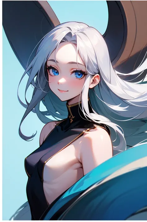 (8K),(high resolution),(high quality),,,,,,,1 Girl、anime painting、Upper body close-up、Natural Proportions、Small breasts、smile、White skin、(Long silver hair)、Beautiful Blue Eyes、Blue background、Written boundary depth,,,,,,,,,,,,