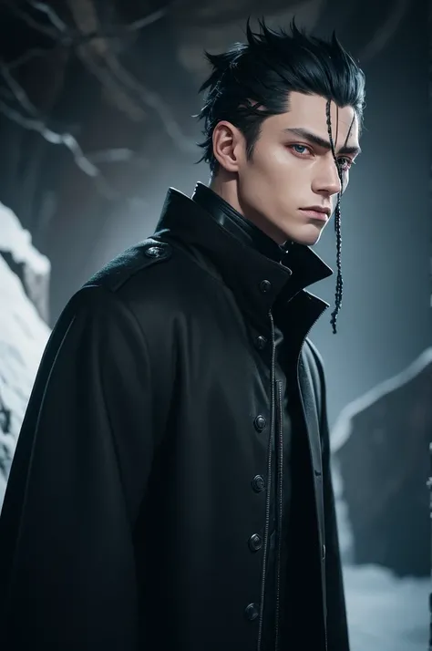 man with black wolf ears, black fur,Bblack hair ,one eye dark green and the other black.black leagwear ,black greatcoat, cord with a crystal.styled: anime jujutsu Kaisen. icy cave background