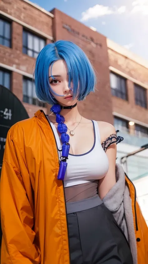 Cute girl with blue hair and orange jacket standing in front of a building, realistic