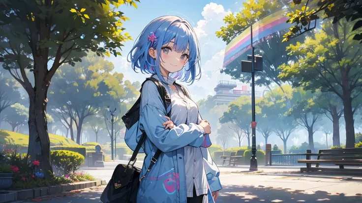 There is a girl in a park with a rainbow。Looking at me and smiling