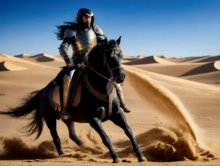 A desert landscape, a man riding a black horse with Dune-style armor in a Desert riding at high speed and sand flying around