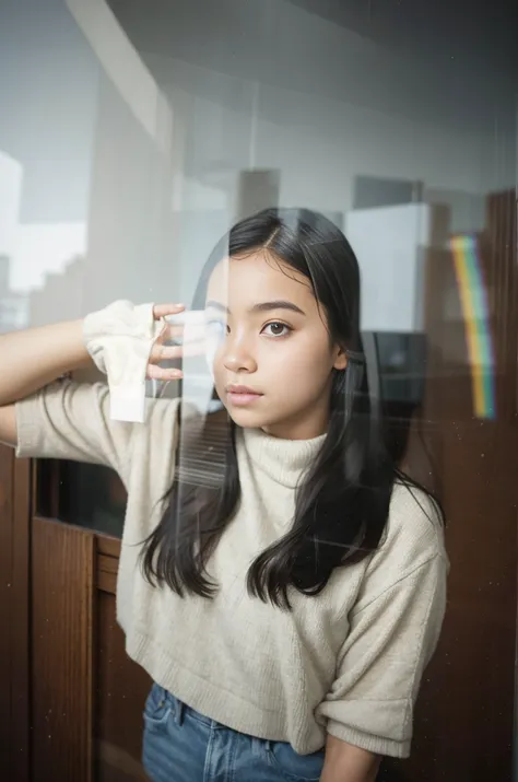 A girl standing behind a window, looking through the window