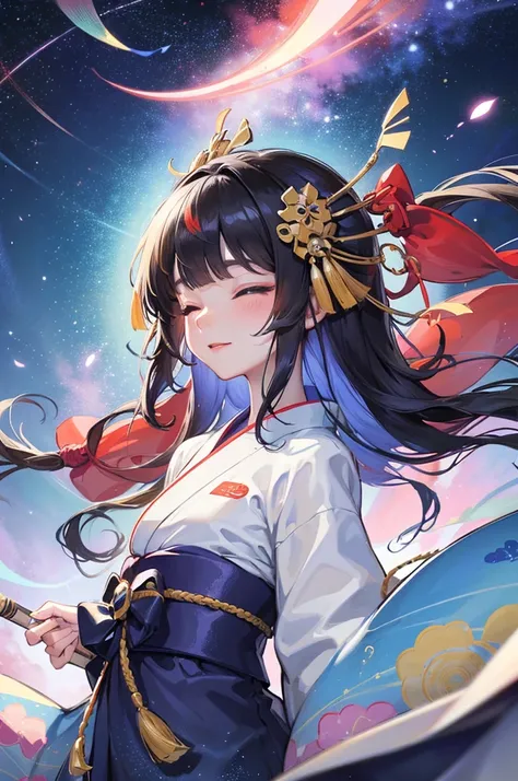 (Tanabata festival style), (in the detailed beautiful night, best sky of Galaxy), (solo:2, 15 yo, blunt bangs:1.3 glossy black hair long hair cute shrine maiden girl, sexy closed eyes, glossy lips, love smile, looking at sky), (in a cute yukata), break, ba...