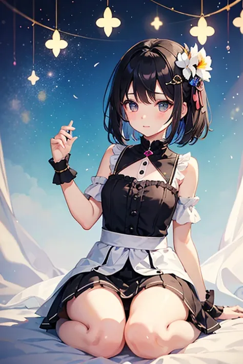 Highest quality、Black Hair、Iris、short hair、girl、cute、16 years old、、Small hair ornament、1 person、skirt、skirtめくり、Panties in full view、I&#39;m in a hurry、Embarrassed look、Prank