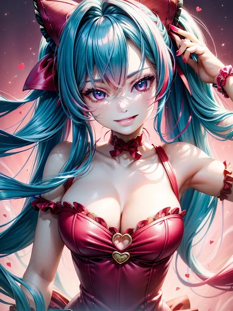 (( barbie red teal blue hair color)), pink eyes,sexy woman, cat ears, hearts, floating hearts, face only,  long hair, smiling, hair ornament, up close face, closed mouth smile, up closeface, hair bows, sexy body 