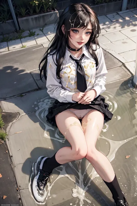 1 girl, woman, emo_hairstyle, Red lipstick, collar, Eyeliner, eyeshadow, smoky eyes, realistic lighting, school, shirt, tie, skirt, Black Stockings, long hair, flat chest, shiny skin, complacent, grin, pissing stream, pissing through panties