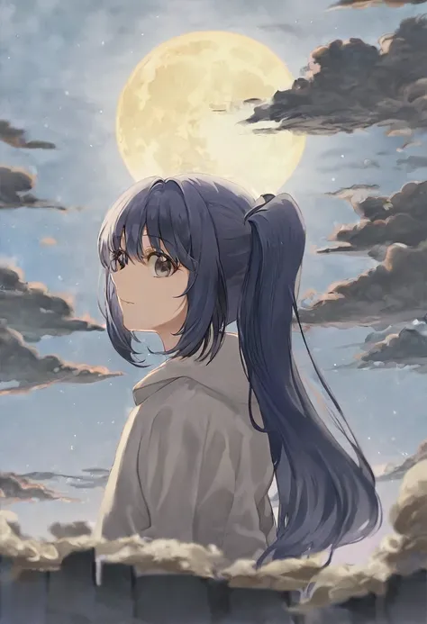 girl. With indigo hair.Gray eyes.Indigo hair.pony tail.Gray eyes.Calm weather.Somewhere under the moon.