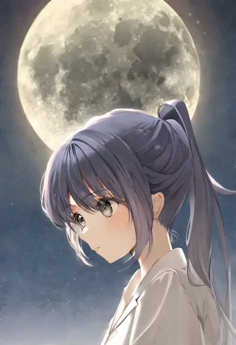 girl. With indigo hair.Gray eyes.Indigo hair.pony tail.Gray eyes.Calm weather.Somewhere under the moon.