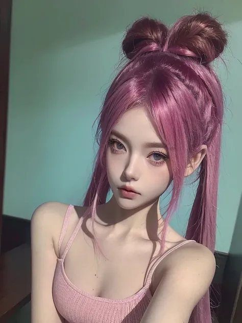 bjd doll face, beautiful girl, pink hair, two pigtails, long pigtails,  quiet, selfie