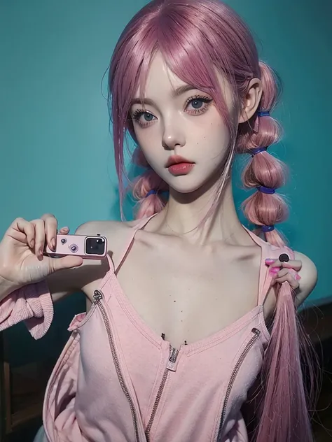 BJD doll face, beautiful girl, pink hair, two pigtails, long pigtails,  quiet, selfie 