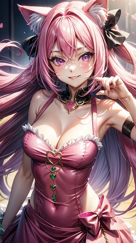 (( bright pink emerald blur hair color)), pink eyes,sexy woman, cat ears, hearts, floating hearts, face only,  long hair, smiling, hair ornament, up close face, closed mouth smile, up closeface, hair bows, sexy body 