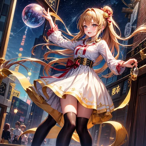 Red, brown, gold, gold hair、Golden Eyes、Hair tied up、One good looking girl、solo、anime、Checkered mini skirt、Ruffles on the skirt、Checked dress、blouse、school uniform、Black knee-high socks、Ribbon、Ribbon on waist、Teeth are visible、Sparkly Necklace、From above、C...