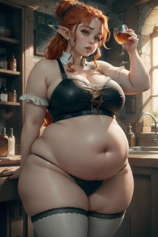 (Best quality), (high resolution), (detailed),1woman, chubby elf girl, dark fantasy, black underwear, ginger hair, hiding, wide hips, thicc, tied hair, hiccups, super bloated, letting out a burp, pushing belly with hands, burping very loud, moaning, black ...