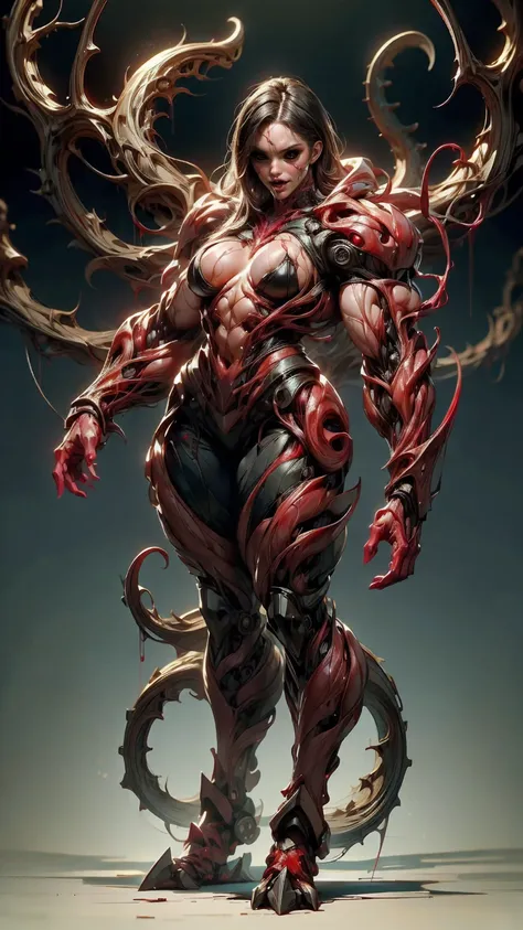 Megan fox as armored carnage, (red carnage skinless muscular bio-mecha armor:1.25), (mouth wide open, carnage style:1.25), (full body view:1.25), Realistic, Very detailed face and eyes, (masterpiece:1.1), (beautiful girl face:1.45)