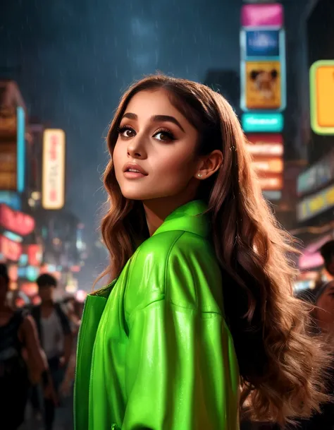 ariana grande, beautiful detailed eyes, beautiful detailed lips, extremely detailed eyes and face, long eyelashes, neon green rave outfit, walking on street at night in bangkok, crowded street, light rain, friendly and flirtatious expression, photorealisti...