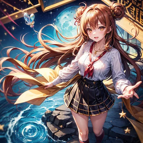 Red, brown, gold, gold hair、Golden Eyes、Hair tied up、One good looking girl、solo、anime、Checkered mini skirt、Ruffles on the skirt、Checked dress、blouse、school uniform、Black knee-high socks、Ribbon、Ribbon on waist、Teeth are visible、Sparkly Necklace、From above、C...