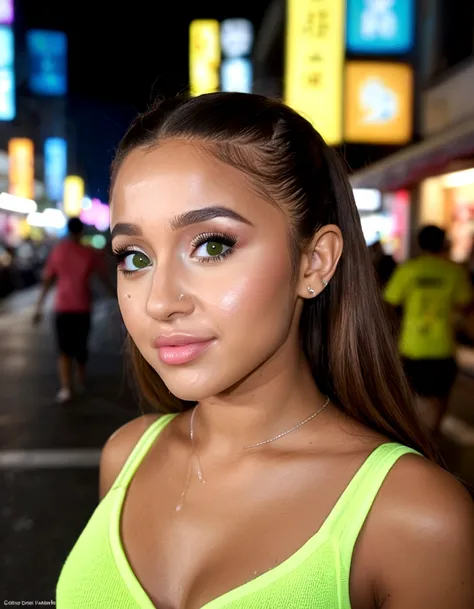 ariana grande, beautiful detailed eyes, beautiful detailed lips, extremely detailed eyes and face, long eyelashes, neon green rave outfit, walking on street at night in bangkok, crowded street, light rain, friendly and flirtatious expression, photorealisti...