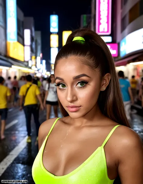 ariana grande, beautiful detailed eyes, beautiful detailed lips, extremely detailed eyes and face, long eyelashes, neon green rave outfit, walking on street at night in bangkok, crowded street, light rain, friendly and flirtatious expression, photorealisti...