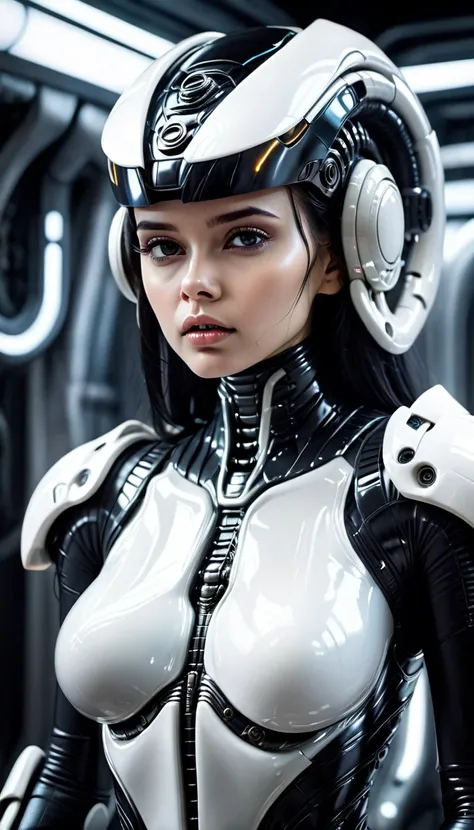  (highly detailed,cinematic lighting,dramatic colors,intricate machinery,futuristic technology,epic scale,moody atmosphere,seductive and sexy girl in scene, wearing a pale colored formfitting scifi outfit with translucent areas revealing her perfect femini...