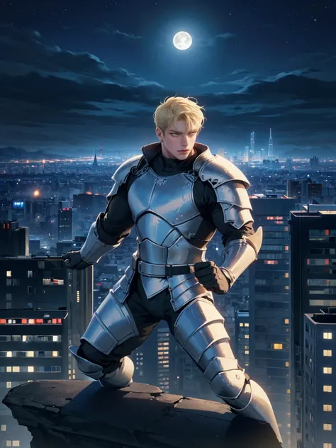 (masterpiece, 4K resolution, Surreal, Very detailed), (Knight theme, Charming, There was a boy at the top of the city, Knight in silver armor, Hes a superhero), [ ((20 years), (Blonde short hair:1.2), whole body, (Yellow eyes:1.2), ((Fighting Stance),demon...