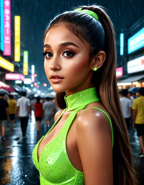 ariana grande, beautiful detailed eyes, beautiful detailed lips, extremely detailed eyes and face, long eyelashes, neon green rave outfit, walking on street at night in bangkok, crowded street, light rain, friendly and flirtatious expression, photorealisti...