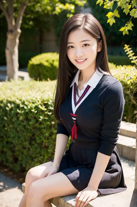 Pure young Japanese school girl, outstanding body, wearing uniform, no makeup, natural black hair styles, sexual attractive, sweet smile, sitting in traditional garden, professional portrait photography,