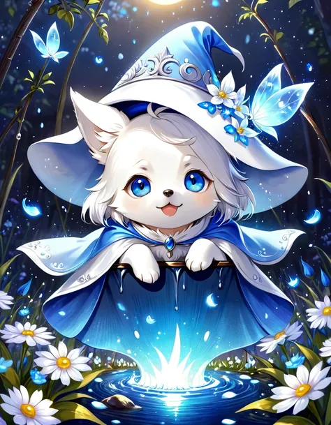 absurdres, highres, ultra detailed, hdr, master piece, small dog, white dog, expressive blue eyes, magical hat, cute, best quali...