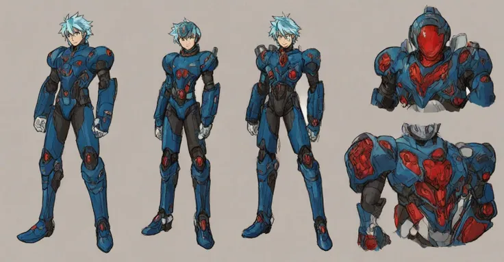 Hiroyuki Kitazume artstyle, Hiroyuki Kitazume style, 1boy, solo, hardboiled, reploid, The image showcases several iterations of the character Megaman X in his design from "Mega Man X8". This character, a Reploid, features a sleek, futuristic design with a ...