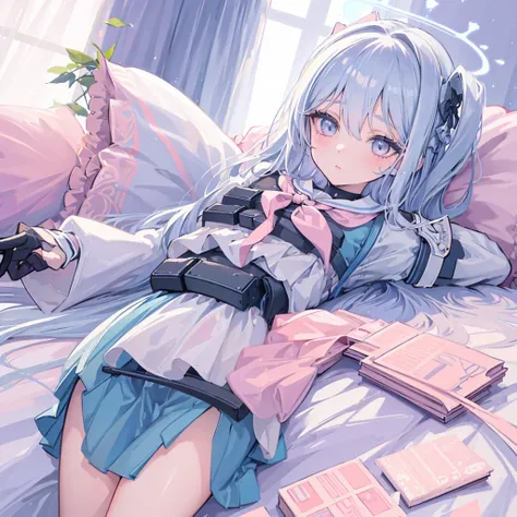 ((masterpiece)), ((best quality 4k)), (ultra-detailed), anime style, cute, 1 girl lying on the bed, beautiful detailed eyes, bea...