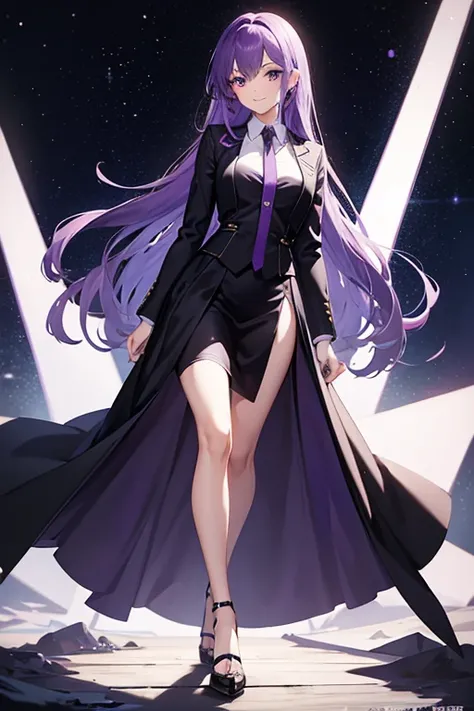 tall girl, Skinny body, wide, purple hair, purple eyes, secretary suit, knee length hair, SMILE, defined hands, defined face, White shirt, long skirt above the knee with three stars, black tape, Galaxy, Princess&#39; corona, purple crystals, glass decorati...