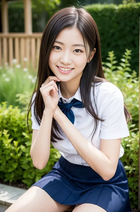 Pure young Japanese school girl, outstanding body, wearing uniform, no makeup, natural black hair styles, sexual attractive, sweet smile, sitting in traditional garden, professional portrait photography,