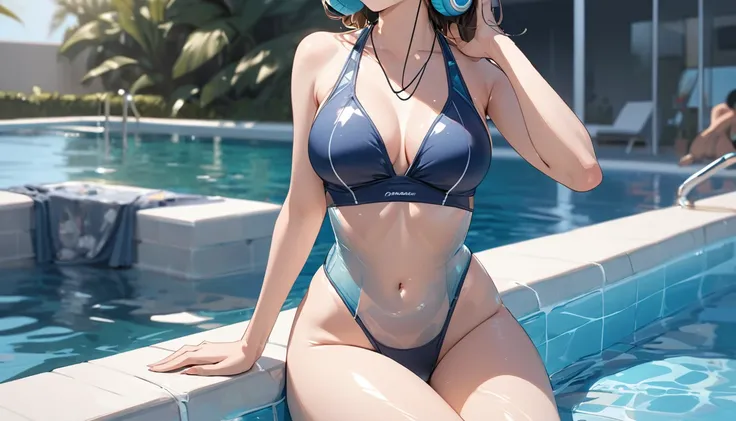 ((Top Quality)), ((Masterpiece)), ((Details)), perfect face, perfect body, sitting on the swimming pool, listening to music, wearing headphones, wearing swimsuit, swimsuit transparent, tight with buttocks and breasts exposed Woman with clothes on and face ...