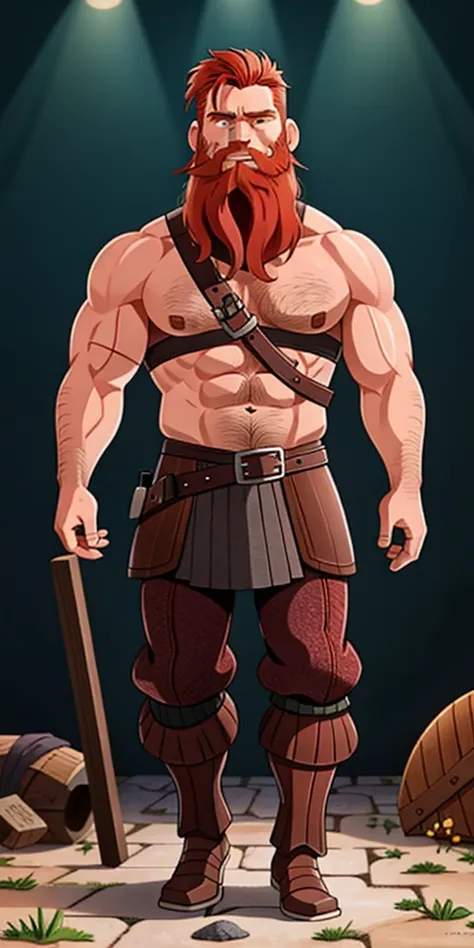 Ingólfr Einarr is a 40-year-old red-haired Viking man with a full beard, outgoing, muscular and very attractive, who wears his imposing medieval armor. hyper detailed and super realistic. cartoon style. Ingólfr Einarr is celebrating with a wooden jar of be...