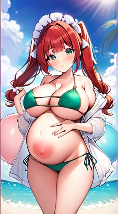 bikini,Big Breasts,Pregnant women,Pregnant belly,Multiple births,Red hair,Twin tails