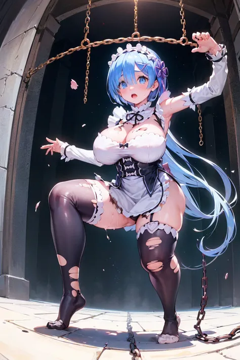 Castle terrace、Looking up from below、Plump、(Show your pants)、(((((Fighting Pose)))))、((((Rem with her hands and feet bound in chains)))),(((((Fisheye Lens)))))、((((((Super huge breasts)))))、(((((Plump thighs))))、(((Rem from Re:Zero)))、((looking at the came...