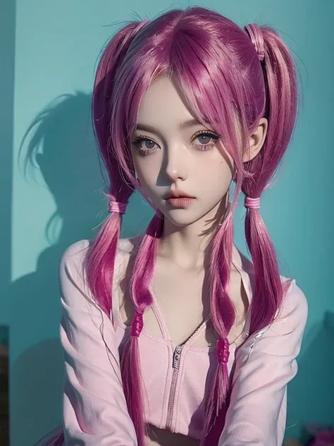 bjd doll face, beautiful girl, pink hair, two pigtails, long pigtails, selfie