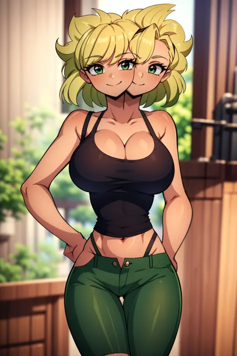 best quality, (masterpiece),(ultra-detailed), (high quality), (high resolution), ((2heads:1.5)), best quality:1.5, highres, UHD, 16K), smiling, highres, masterpiece, (blonde hair), (cleavage), (black short tank top), medium long hair, ((green denim shorts)...