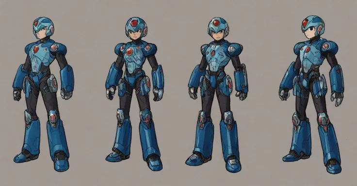 in kinu-sensei artstyle, Kinu Nishimura style, 1boy, solo, hardboiled, reploid, The image showcases several iterations of the character Megaman X in his design from "Mega Man X8". This character, a Reploid, features a sleek, futuristic design with a predom...